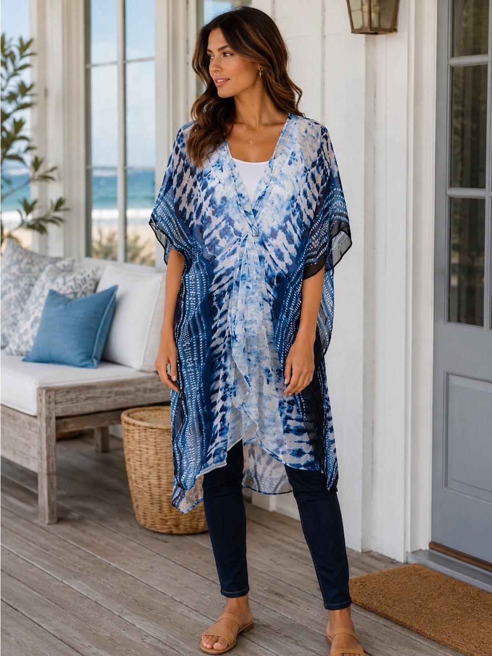 Tie-Dyed Knot Blue Cover Up Kimono One Size